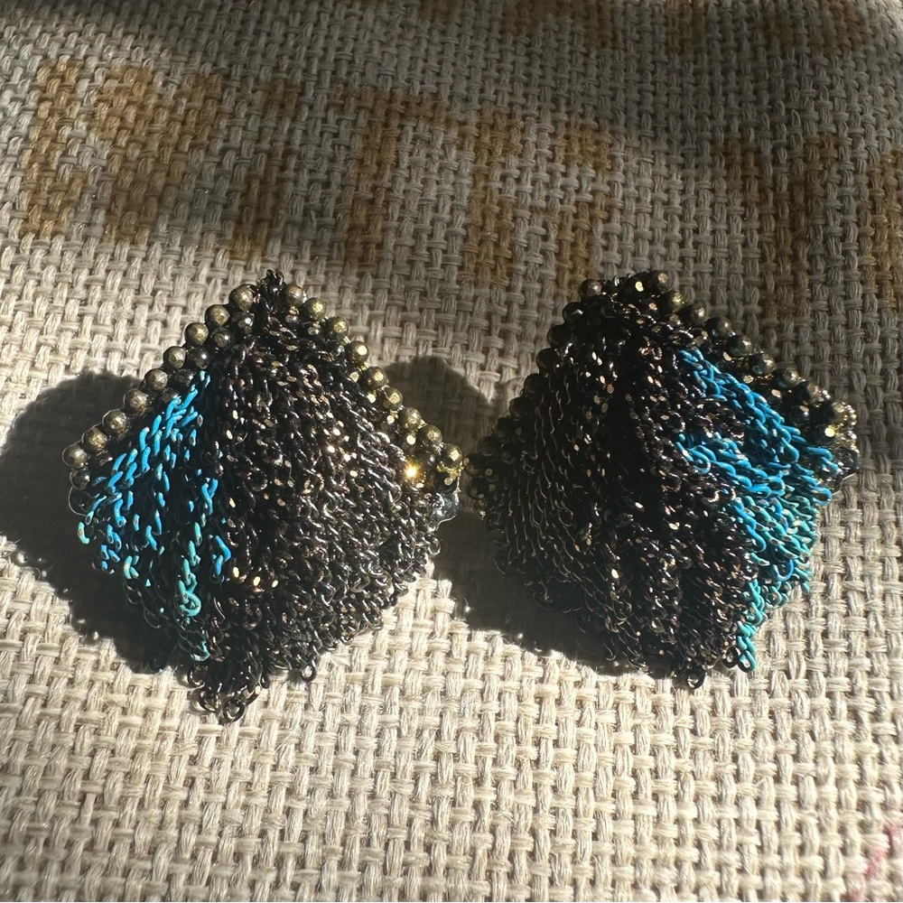 Black and Teal Chain Fringe Statement Earrings
